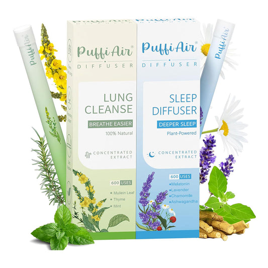 PUFFIAIR Herbal Diffuser Duo with Mullein, Melatonin & More 丨 Night & Day Relax Duo for Fresh Breath & Calm Sleep Support - 600 Uses Per Stick