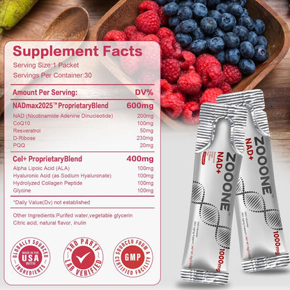 zooone- NAD+ Supplement 30pcs, Premium Nicotinamide Riboside & Resveratrol, DNA Repair & Healthy Aging， Advanced NAD Supplement for Men & Women, Boosts Cellular Energy