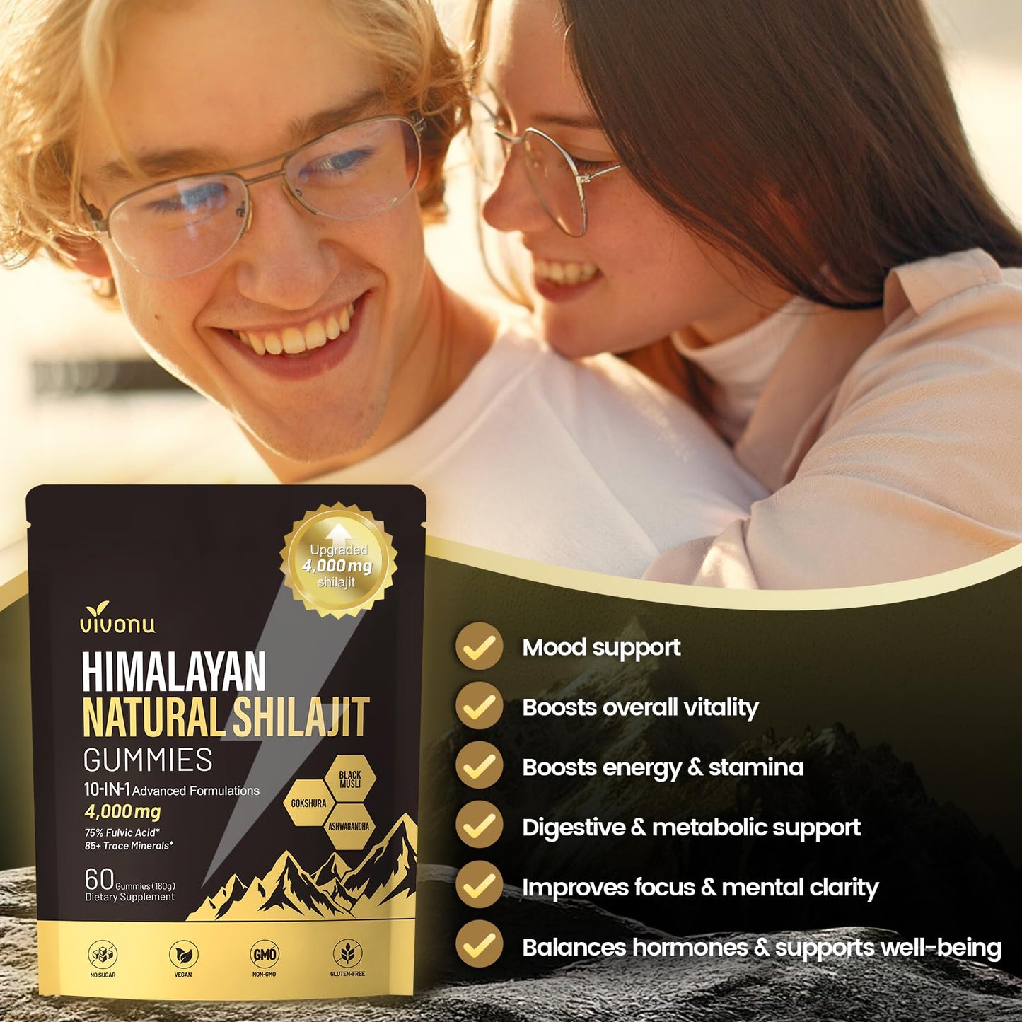 VivoNu Shilajit for Men & Women Gummies | 4000mg High Potency 10-in-1 Formula with Pure Himalayan Shilajit, Ashwagandha, and 75% Fulvic Acid | Sugar-Free Vegan, 85+ Trace Minerals