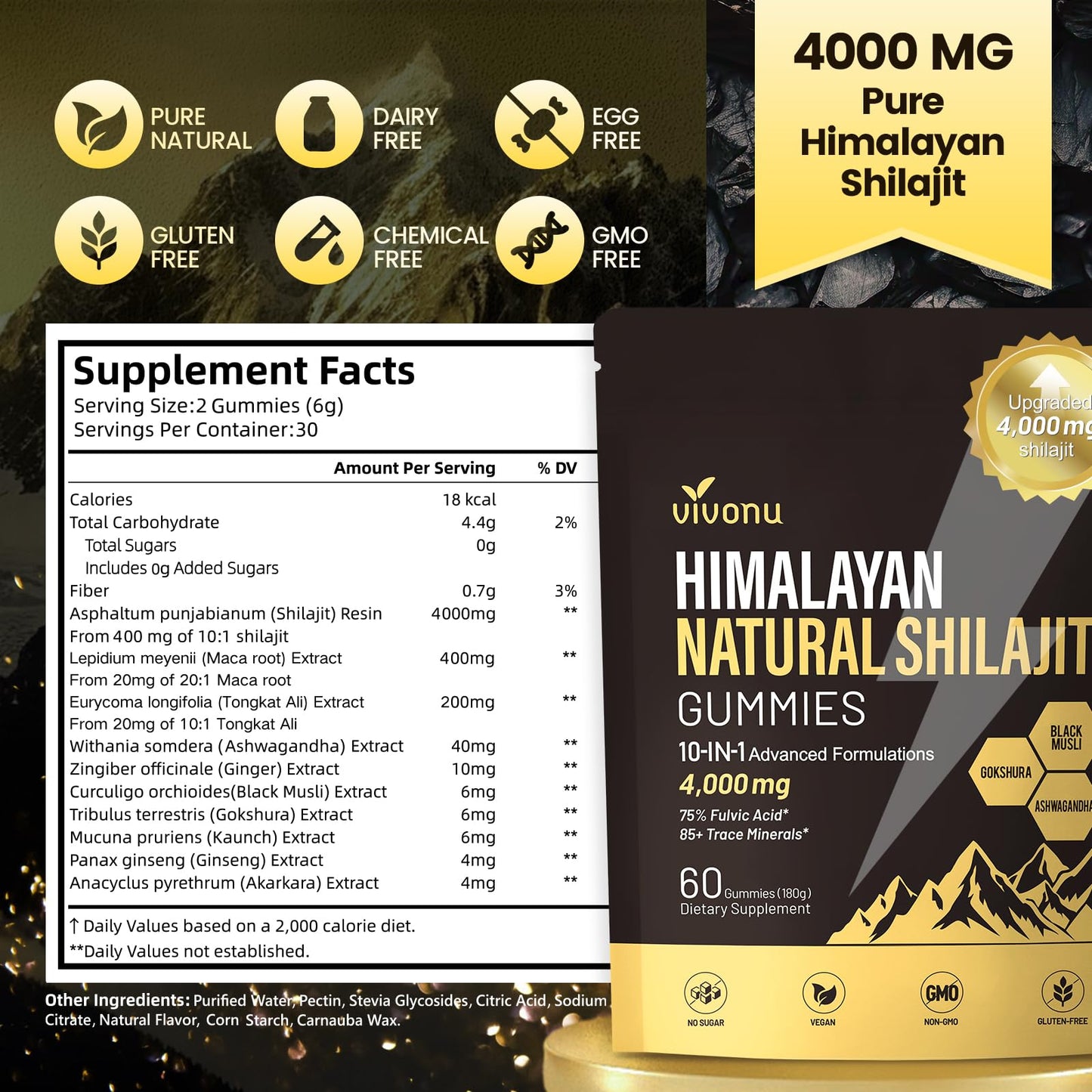 VivoNu Shilajit for Men & Women Gummies | 4000mg High Potency 10-in-1 Formula with Pure Himalayan Shilajit, Ashwagandha, and 75% Fulvic Acid | Sugar-Free Vegan, 85+ Trace Minerals