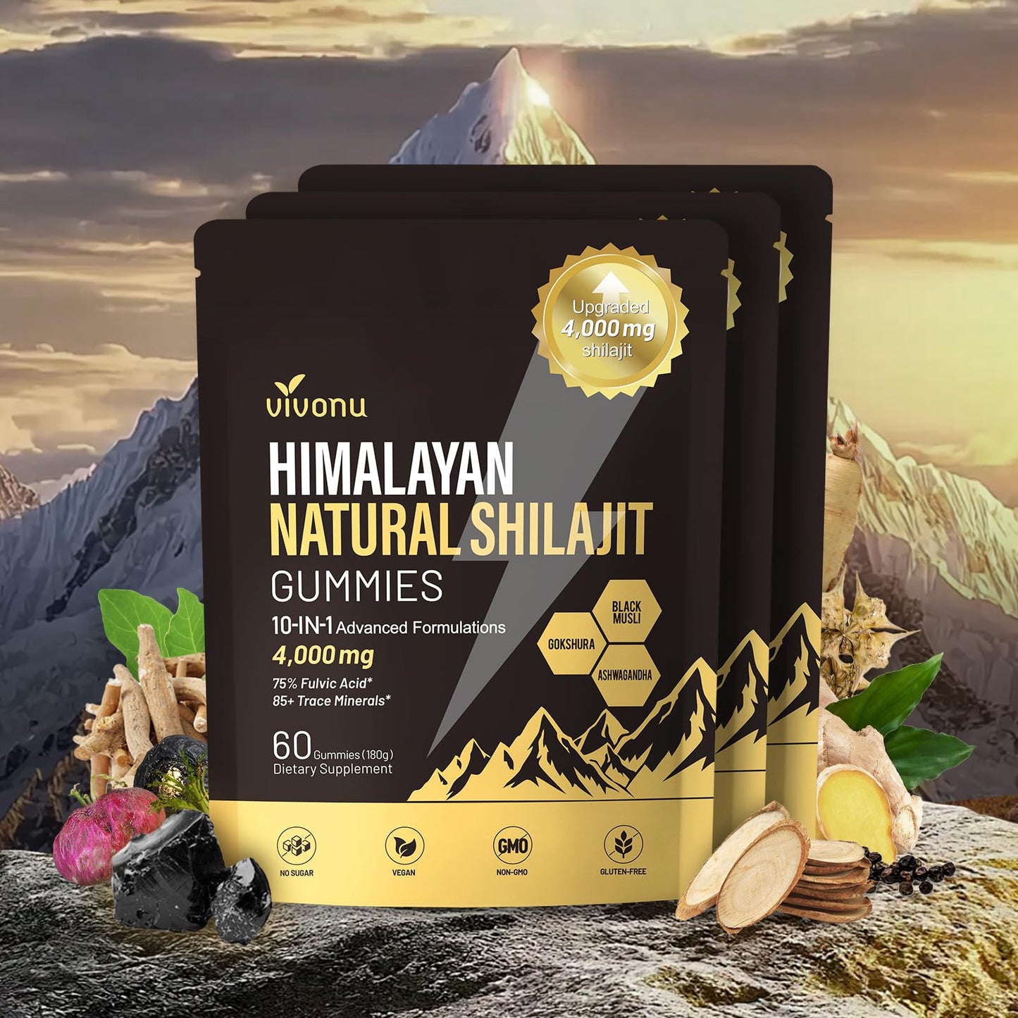 VivoNu Shilajit for Men & Women Gummies | 4000mg High Potency 10-in-1 Formula with Pure Himalayan Shilajit, Ashwagandha, and 75% Fulvic Acid | Sugar-Free Vegan, 85+ Trace Minerals