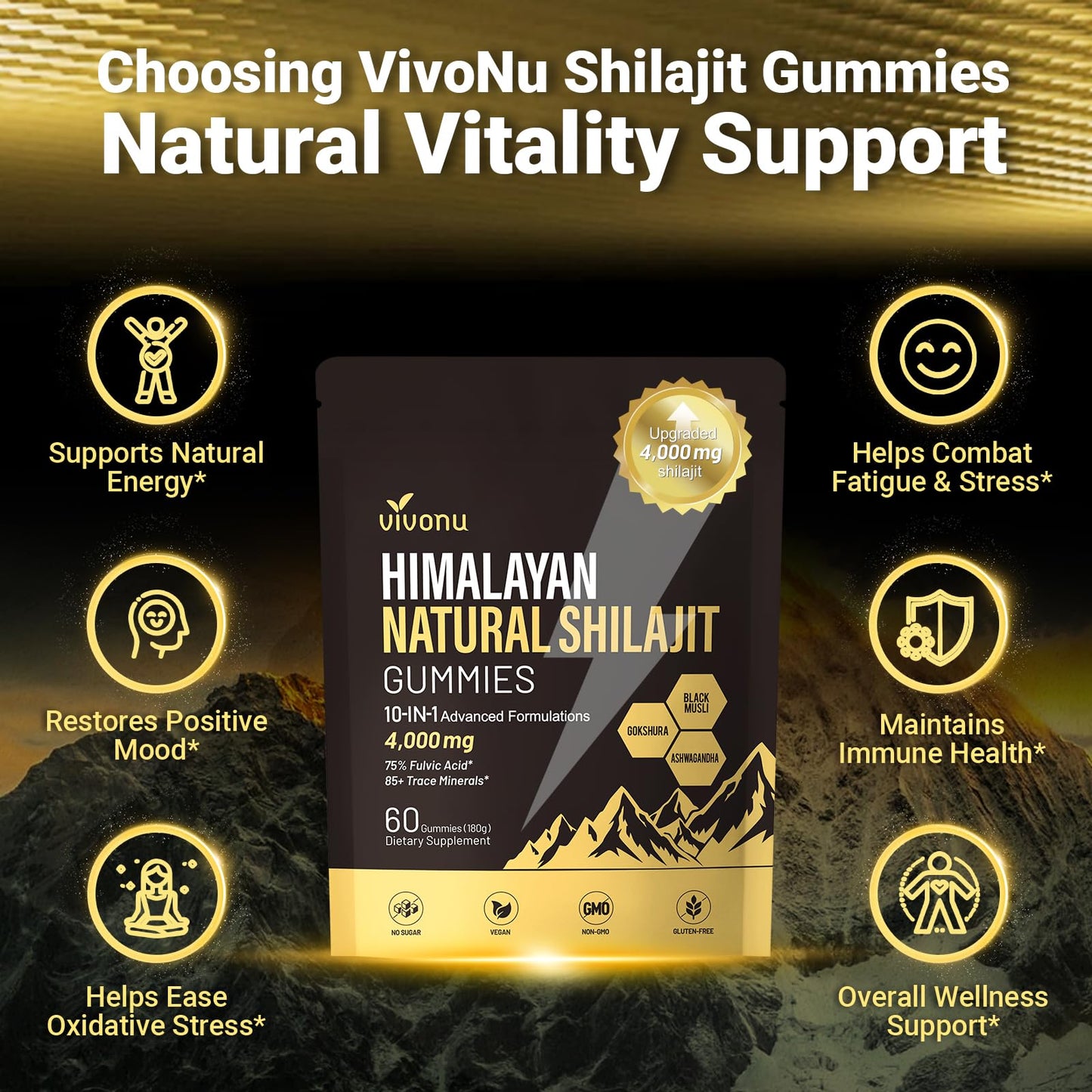 VivoNu Shilajit for Men & Women Gummies | 4000mg High Potency 10-in-1 Formula with Pure Himalayan Shilajit, Ashwagandha, and 75% Fulvic Acid | Sugar-Free Vegan, 85+ Trace Minerals
