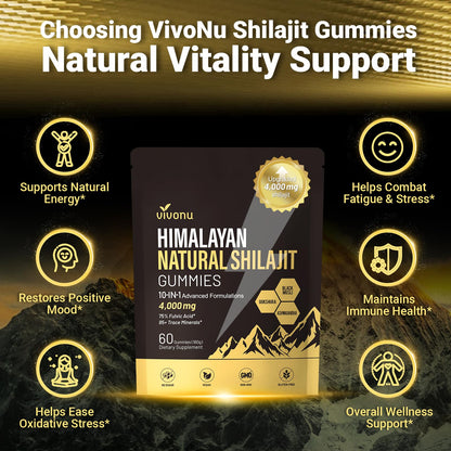 VivoNu Shilajit for Men & Women Gummies | 4000mg High Potency 10-in-1 Formula with Pure Himalayan Shilajit, Ashwagandha, and 75% Fulvic Acid | Sugar-Free Vegan, 85+ Trace Minerals