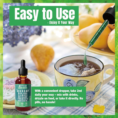 Vyxion Soursop Bitters Liquid Drops 10 in 1 with Sea Moss, Moringa, Turmeric, Black Seed Oil, Oregano, Ashwagandha | Herbal Extracts for Overall Health-Enhancing | Vegan, Non-GMO | 2 Fl Oz