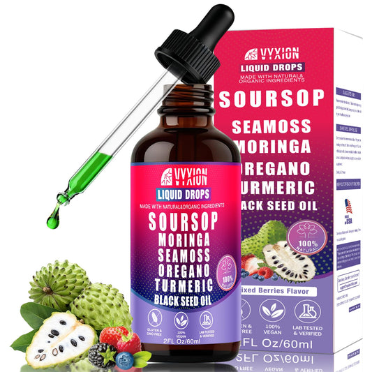 Vyxion Soursop Bitters Liquid Drops 10 in 1 with Sea Moss, Moringa, Turmeric, Black Seed Oil, Oregano, Ashwagandha | Herbal Extracts for Overall Health-Enhancing |Vegan, Non-GMO| 2 Fl Oz(Mixed Berry Flavor)