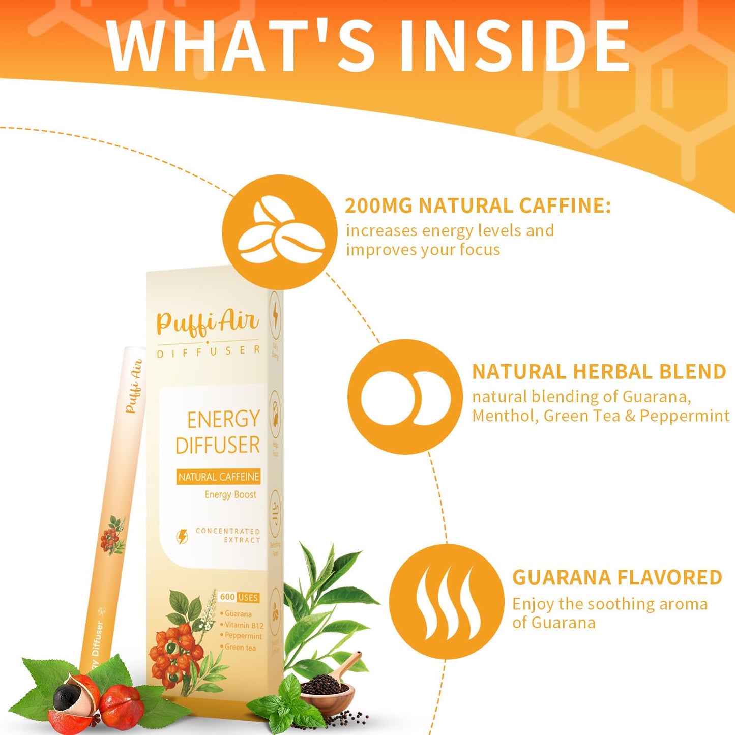 PUFFIAIR Herbal Diffuser Duo with Mullein, Guarana & More Day Vitality Duo for Fresh Breath & Energy Boost Support - 600 Uses Per Stick