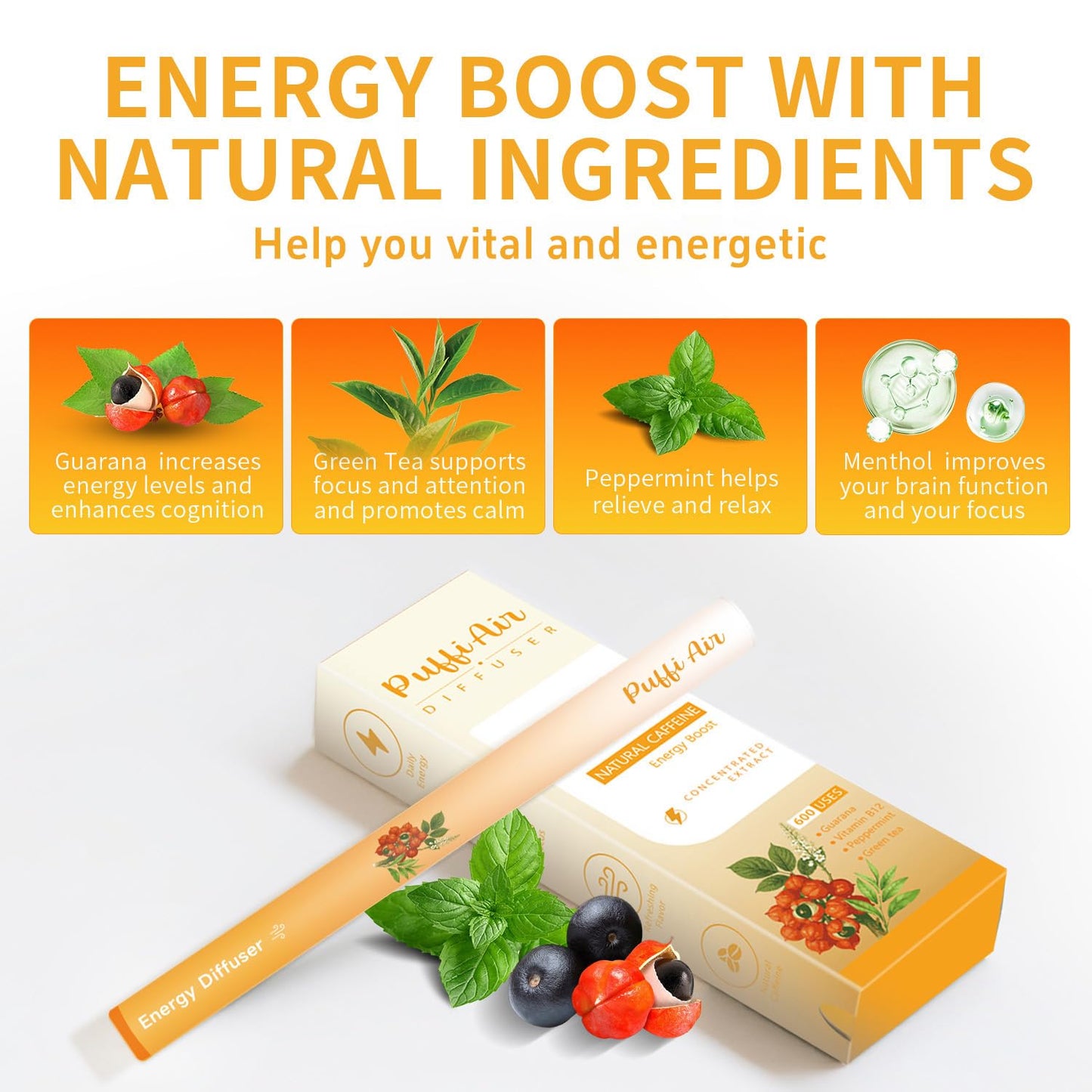 PUFFIAIR Herbal Diffuser Duo with Mullein, Guarana & More Day Vitality Duo for Fresh Breath & Energy Boost Support - 600 Uses Per Stick