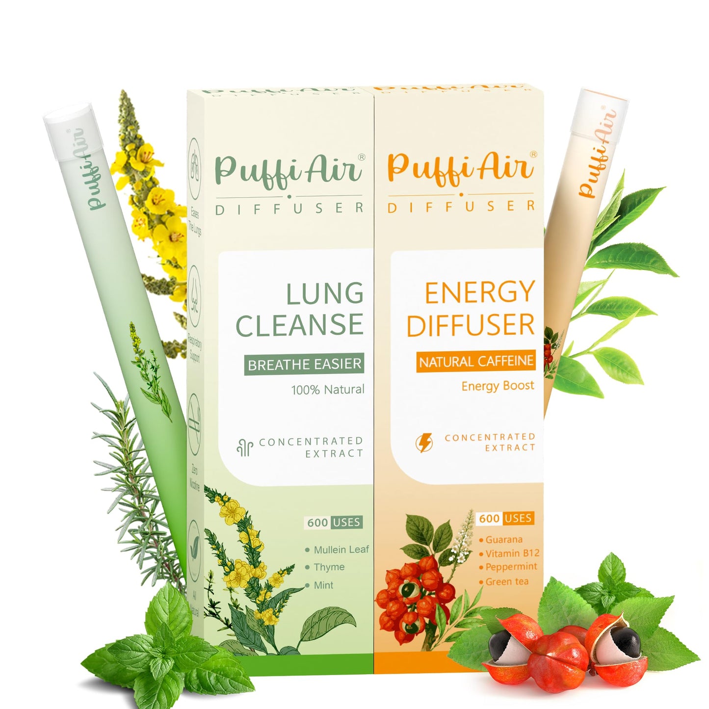 PUFFIAIR Herbal Diffuser Duo with Mullein, Guarana & More Day Vitality Duo for Fresh Breath & Energy Boost Support - 600 Uses Per Stick
