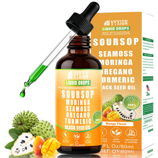 Vyxion Soursop Bitters Liquid Drops 10 in 1 with Sea Moss, Moringa, Turmeric, Black Seed Oil, Oregano, Ashwagandha | Herbal Extracts for Overall Health-Enhancing | Vegan, Non-GMO | 2 Fl Oz(Mango flavor)