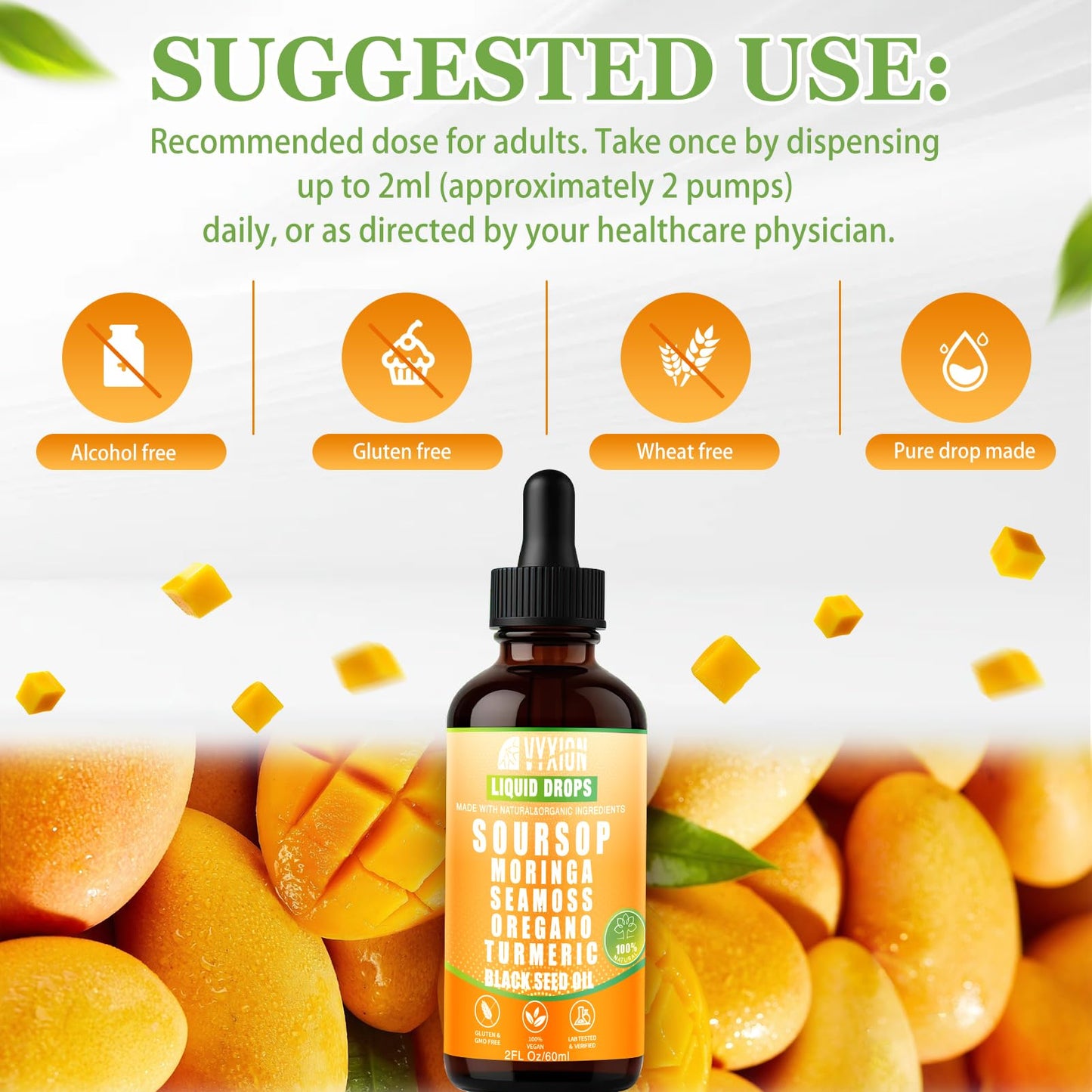 Vyxion Soursop Bitters Liquid Drops 10 in 1 with Sea Moss, Moringa, Turmeric, Black Seed Oil, Oregano, Ashwagandha | Herbal Extracts for Overall Health-Enhancing | Vegan, Non-GMO | 2 Fl Oz(Mango flavor)