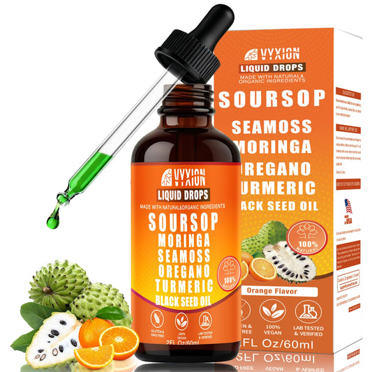 Vyxion Soursop Bitters Liquid Drops 10 in 1 with Sea Moss, Moringa, Turmeric, Black Seed Oil, Oregano, Ashwagandha | Herbal Extracts for Overall Health-Enhancing | Vegan, Non-GMO | 2 Fl Oz (Orange flavor)