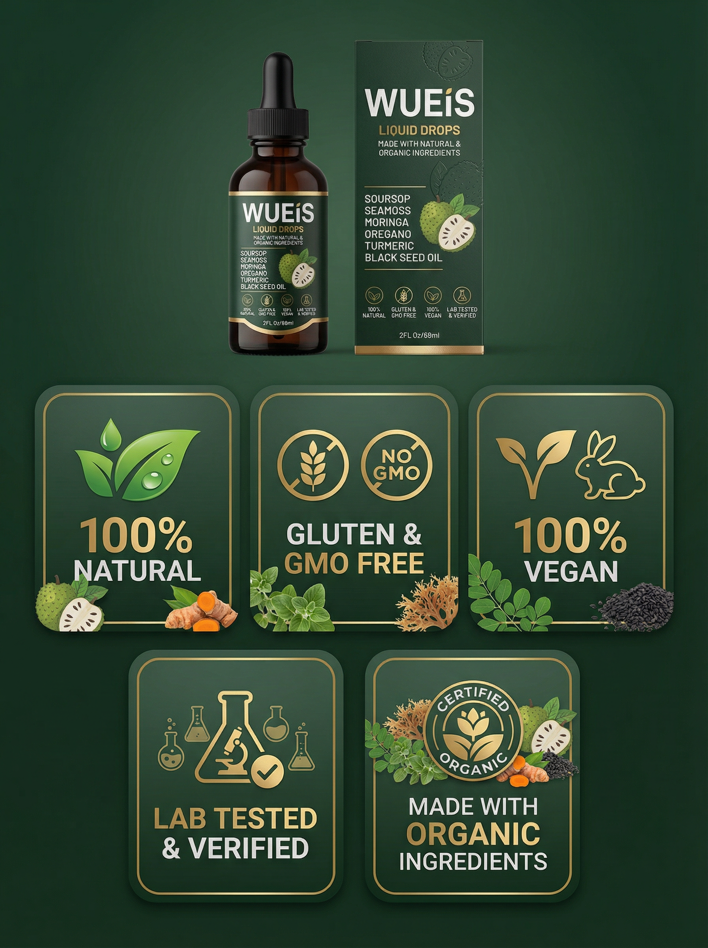 WUEiS Soursop Bitters Liquid Drops 10 in 1 with Sea Moss, Moringa, Turmeric, Black Seed Oil, Oregano, Ashwagandha | Herbal Extracts for Overall Health-Enhancing | Vegan, Non-GMO | 2 Fl Oz