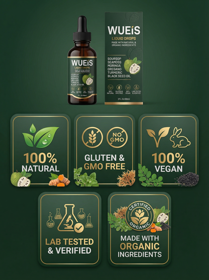 WUEiS Soursop Bitters Liquid Drops 10 in 1 with Sea Moss, Moringa, Turmeric, Black Seed Oil, Oregano, Ashwagandha | Herbal Extracts for Overall Health-Enhancing | Vegan, Non-GMO | 2 Fl Oz