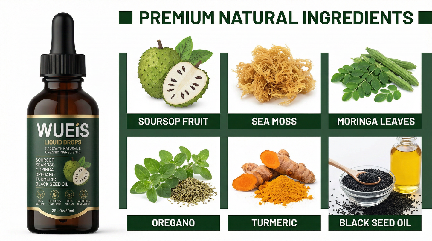 WUEiS Soursop Bitters Liquid Drops 10 in 1 with Sea Moss, Moringa, Turmeric, Black Seed Oil, Oregano, Ashwagandha | Herbal Extracts for Overall Health-Enhancing | Vegan, Non-GMO | 2 Fl Oz