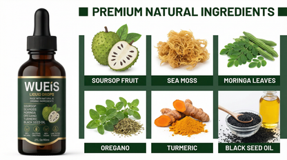 WUEiS Soursop Bitters Liquid Drops 10 in 1 with Sea Moss, Moringa, Turmeric, Black Seed Oil, Oregano, Ashwagandha | Herbal Extracts for Overall Health-Enhancing | Vegan, Non-GMO | 2 Fl Oz