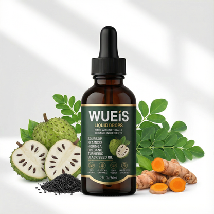 WUEiS Soursop Bitters Liquid Drops 10 in 1 with Sea Moss, Moringa, Turmeric, Black Seed Oil, Oregano, Ashwagandha | Herbal Extracts for Overall Health-Enhancing | Vegan, Non-GMO | 2 Fl Oz