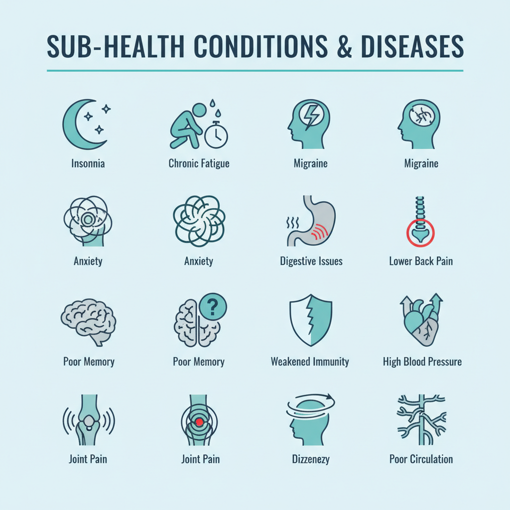 Display various sub-health conditions and diseases of the human body using icons, and label each icon with the name of the corresponding symptom.